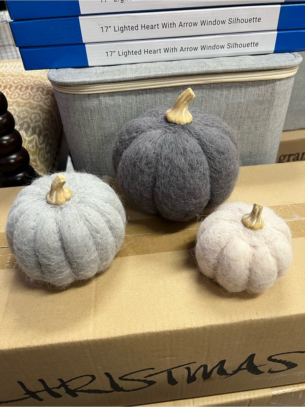 Crate&Barrel Neutral Felt Pumpkin Trio in Gray, Light Gray, Blush